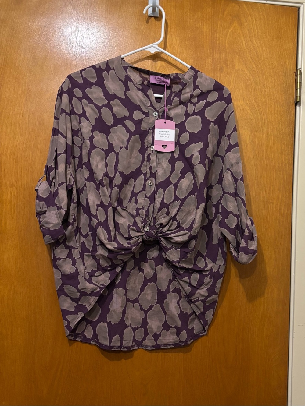 Knot-Front Button Down Blouse - Purple Taupe Print
